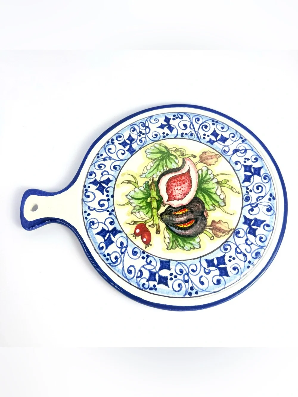Vintage Italy Ceramica Cuore Trivet w/ Hand Painted Pomegranates, Blue And White